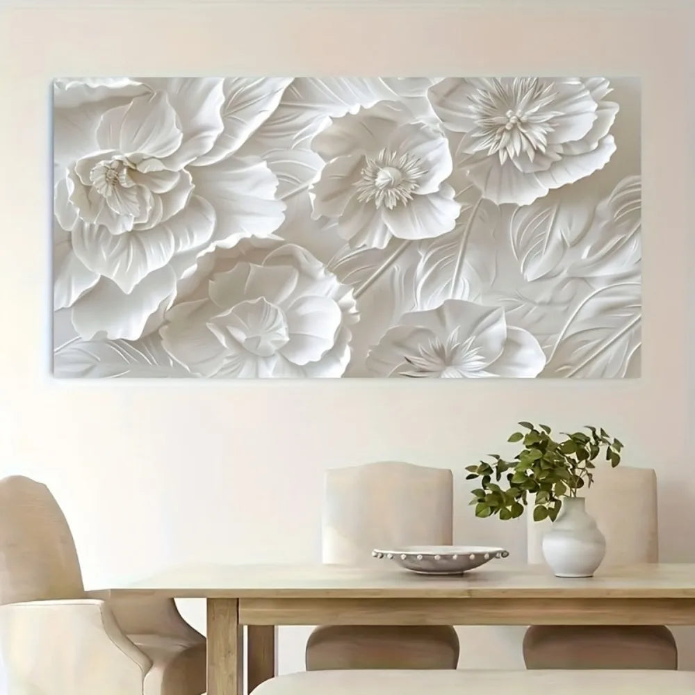 A frameless modern wall art piece depicting white flowers, a canvas poster suitable for bedroom decor, living room or hallway.