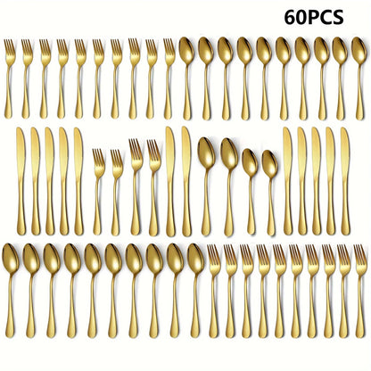 30/60-Piece Luxury Golden Flatware Set, Stainless Steel Cutlery Includes Dinner Spoons,Dinner Forks, Salad Forks, Dinner Knives