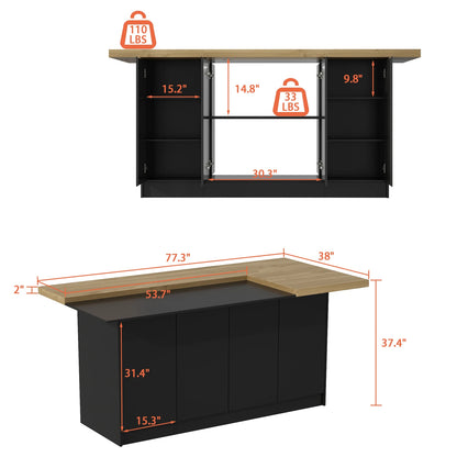 Modern Kitchen Island With 14 Shelves, Kitchen Cabinet With Spacious Countertop, Storage Cabinet For Kitchen, Black
