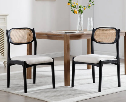 Farmhouse Rattan Dining Chairs Set of 2 Modern Mid Century Dining Room Chairs Upholstered Linen Kitchen Side Chairs
