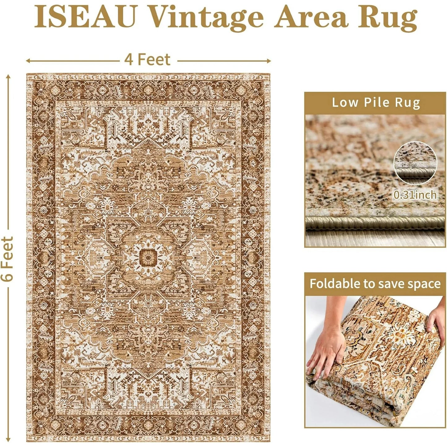 Faux Cashmere Vintage Printed Rug Area Rugs, Low Pile Rugs for Living Room Bedroom
