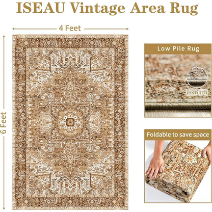 Faux Cashmere Vintage Printed Rug Area Rugs, Low Pile Rugs for Living Room Bedroom