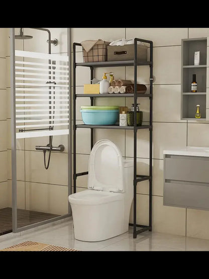 3-Tier Metal Bathroom Rack | Over Toilet Storage Shelf, No Drill Freestanding Organizer with Black Frame