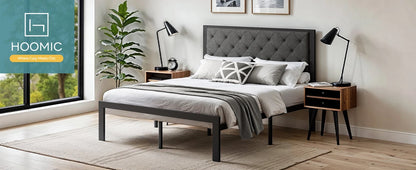 Metal Bed Frame with Upholstered Finely Stitched Headboard, Linen Fabric, Sturdy Foundation, No Box Spring Needed