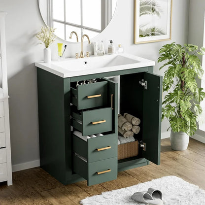 30 Inch Bathroom Vanity with Ceramic Sink, Modern Bathroom Storage Cabinet with 3 Drawers and 2 Doors