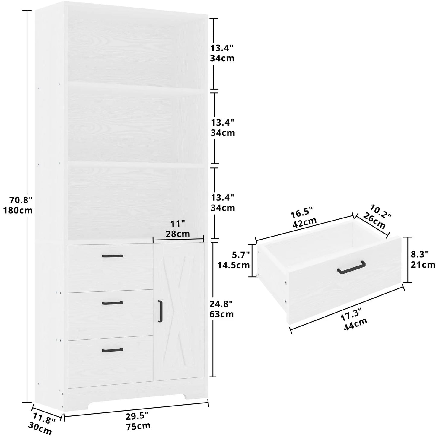 Bookshelf with Door and 3 Drawers, Tall Bookcase Shelf with 3-Tier Shelves