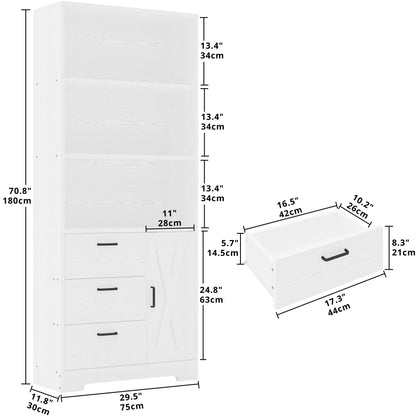 Bookshelf with Door and 3 Drawers, Tall Bookcase Shelf with 3-Tier Shelves