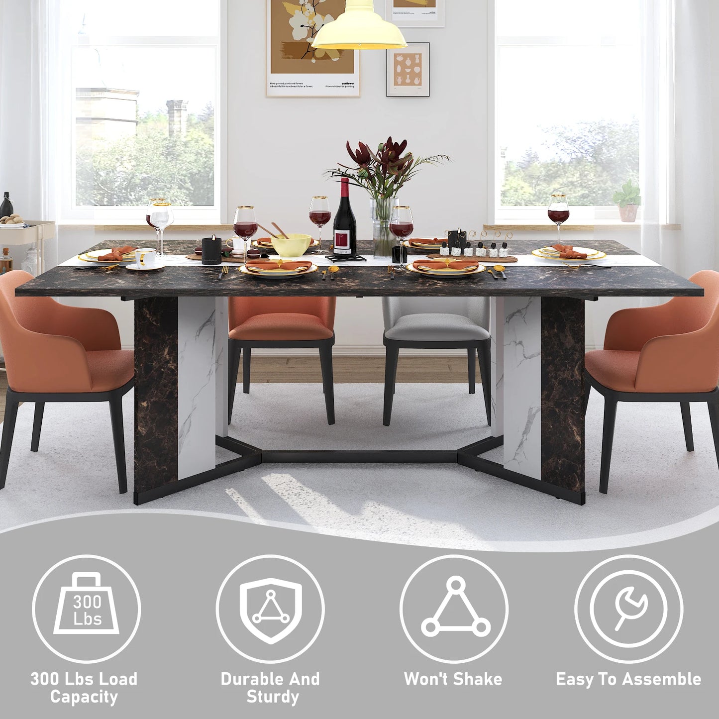 71In Large Rectangular White Dining Table for 4 5 6 8 10 People, w/Marble Color, Wood Tabletop, Metal Leg