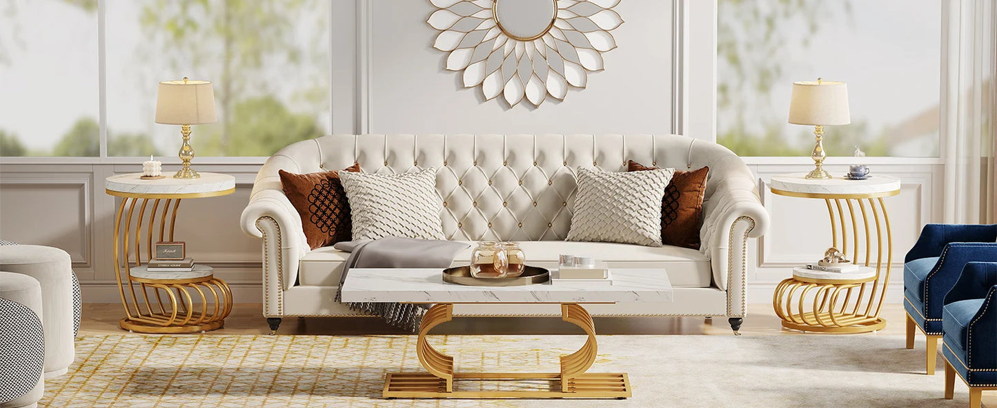 Gold Round End Table: 2 Tiers Faux Marble Side Table with Storage Shelf, Modern White Gold Bedside Nightstand