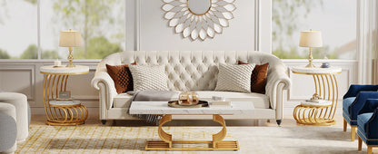 Gold Round End Table: 2 Tiers Faux Marble Side Table with Storage Shelf, Modern White Gold Bedside Nightstand