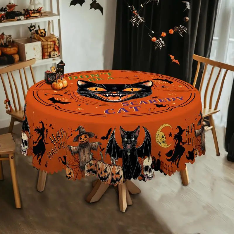 Halloween Decorative Printed Tablecloth, Pumpkin Bat Witch Ghost Pattern Rectangular/Round Tablecloth.