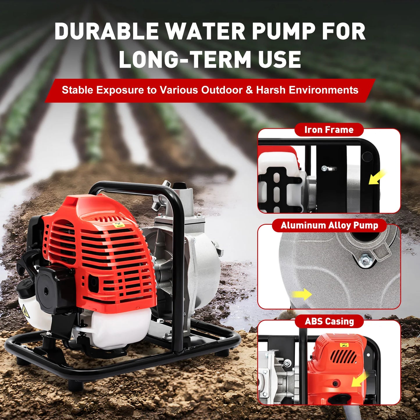 Gasoline Water Pump 2-Stroke Portable Gasoline Engine Trash Pump 20m Lift Powerful Engine Water Transfer Pump 26.25ft Suction