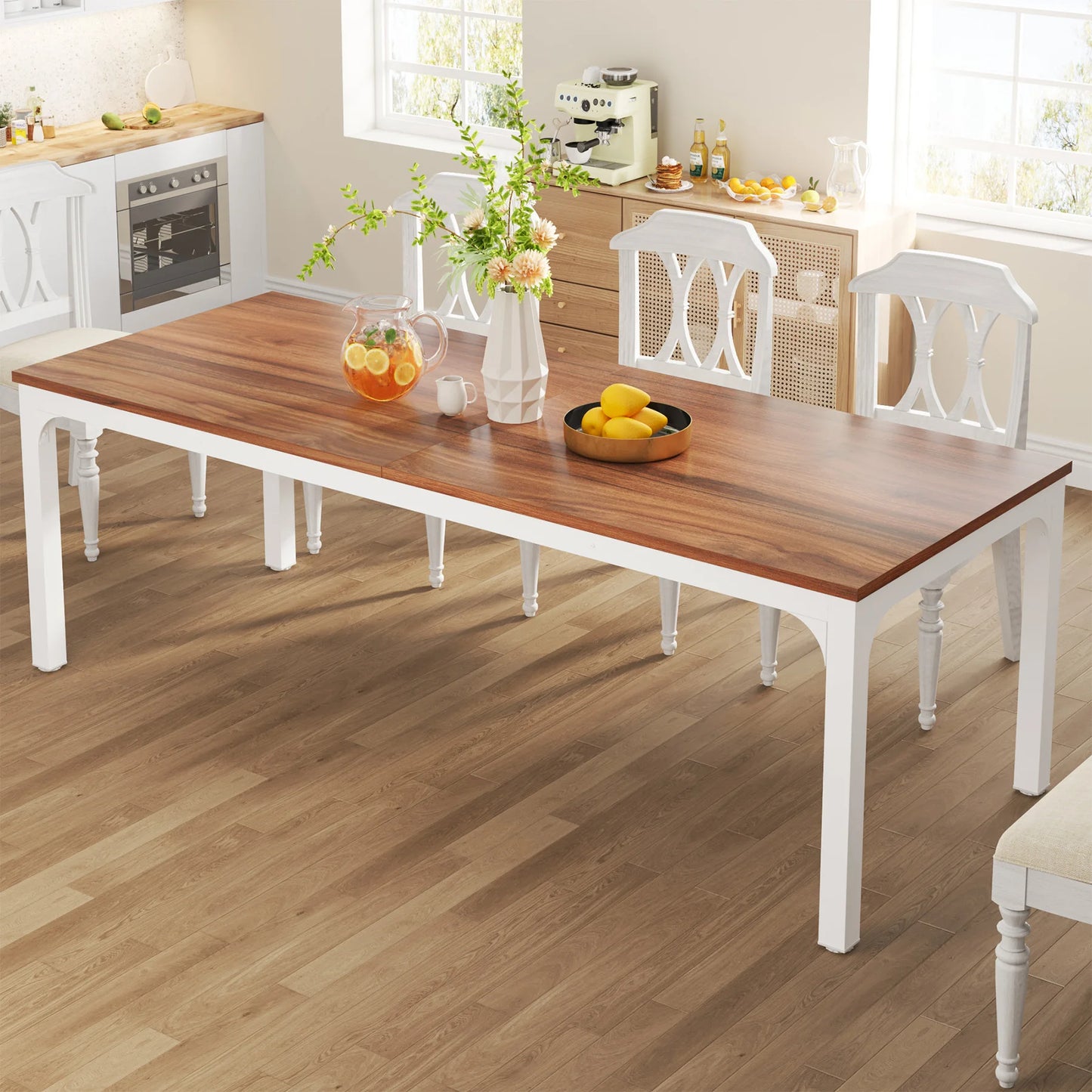 Dining Table for 6-8 People, 200cm Large Narrow Long Rectangular Kitchen Dinner Table, Rustic Wood Dining Table