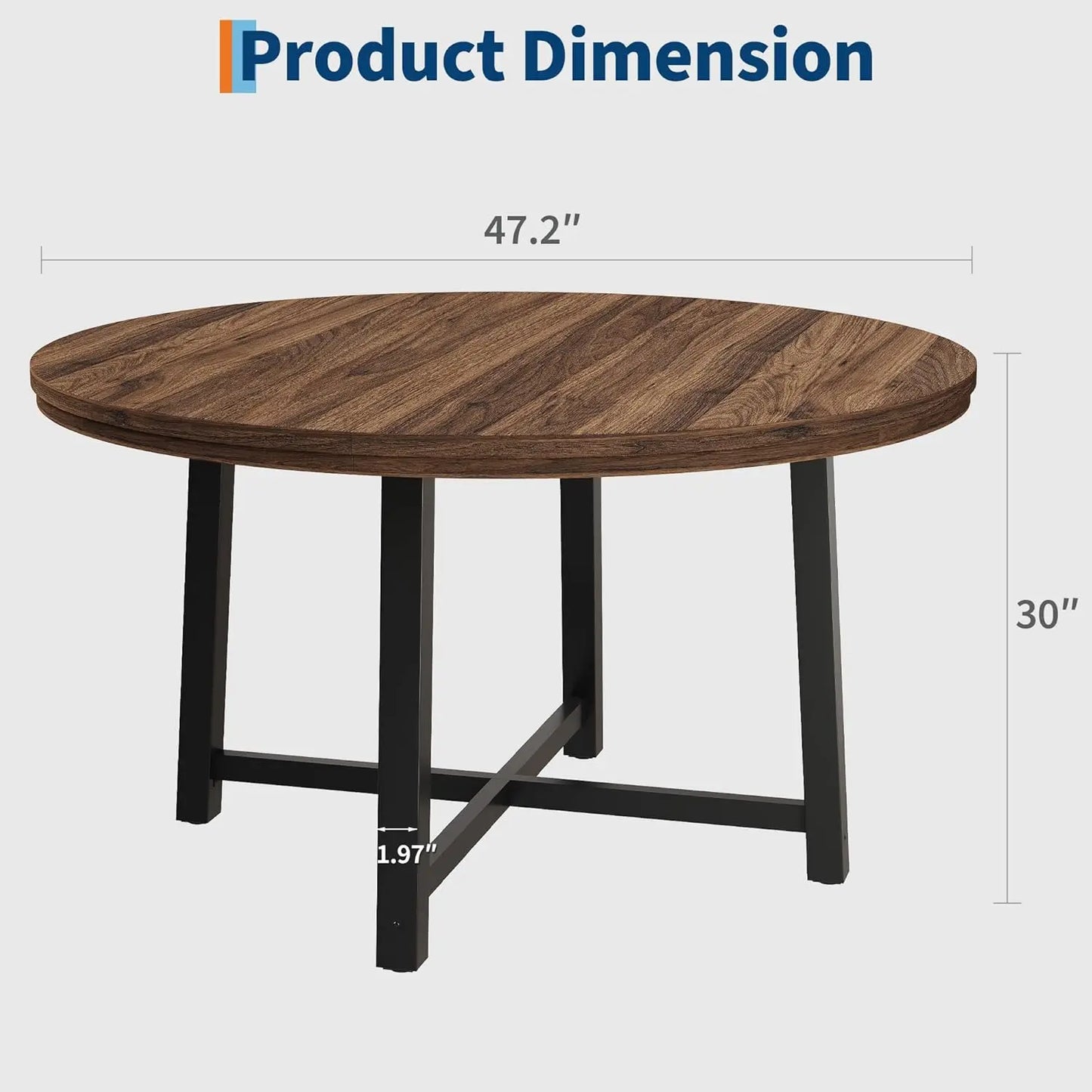 47" Round Industrial Dining Table - Rustic Wood Top w/Metal Frame, Seats 4-6 (No Chairs)