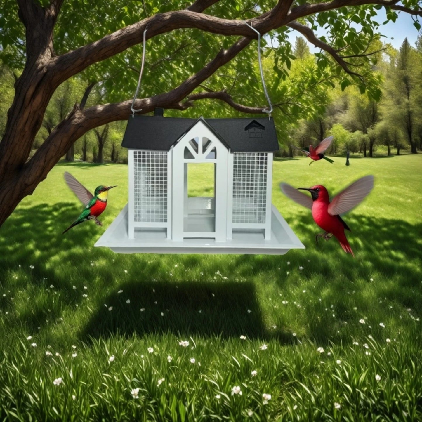 1 Outdoor Hanging Wild Bird Feeder, Large Capacity, Large Birdhouse with Metal Mesh Cover and Seed Tray, Suitable for Titles, Red Birds, Titles, Hummingbirds, Squirrel Protection and Weather-Resistant Metal Outdoor Garden Cou