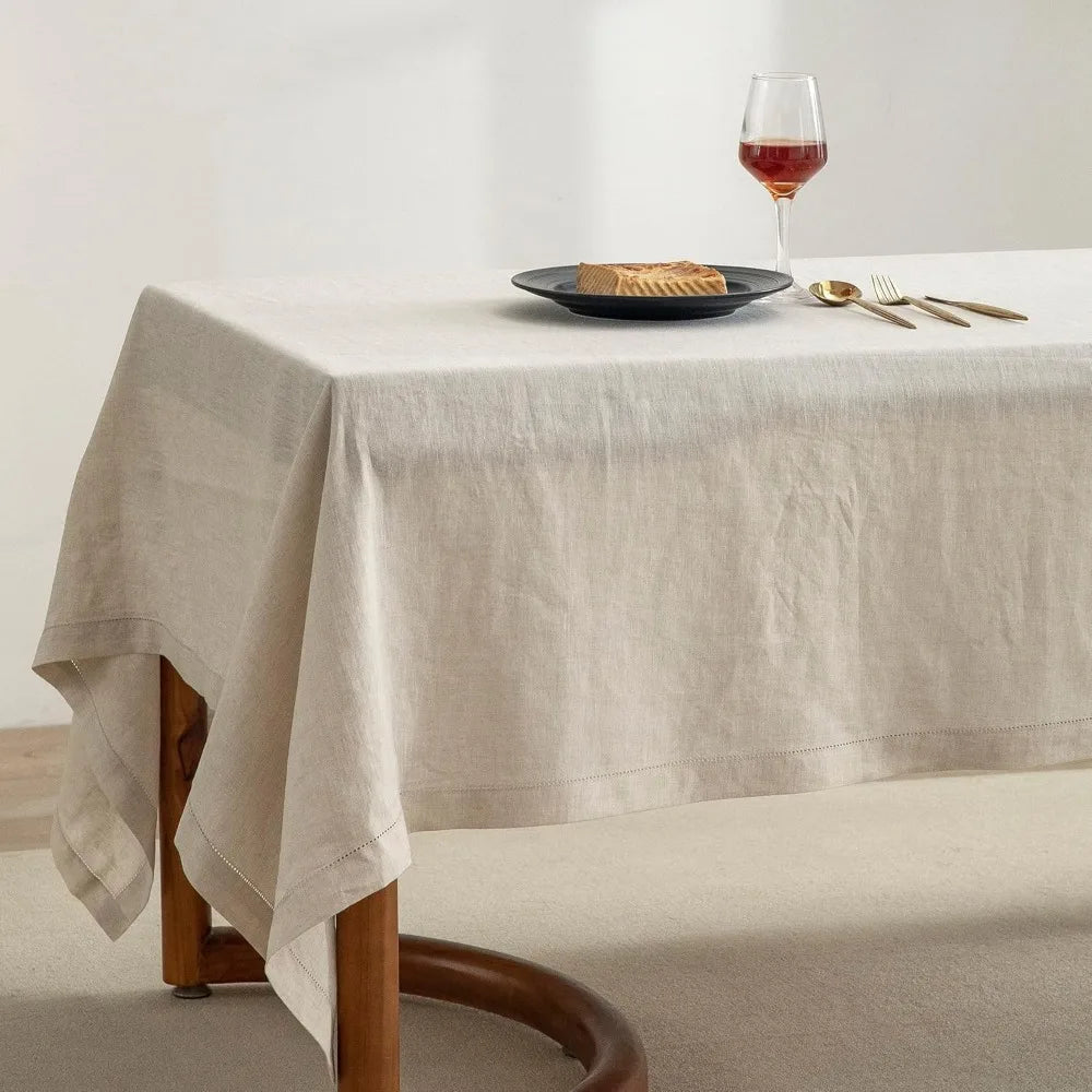 Pure Linen Hemstitch Tablecloth, 100% Stonewashed French Linen for Kitchen Dining, Rectangle Table, 60x144 Inches
