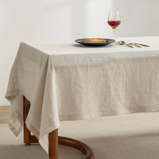 Pure Linen Hemstitch Tablecloth, 100% Stonewashed French Linen for Kitchen Dining, Rectangle Table, 60x144 Inches