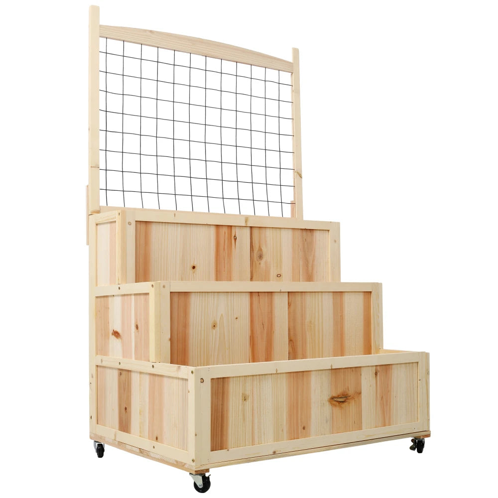3-Tiers Raised Garden Bed with Trellis, 53" H Vertical Planter Box with Wheels & Back Storage Area, for Flowers, Vegetables