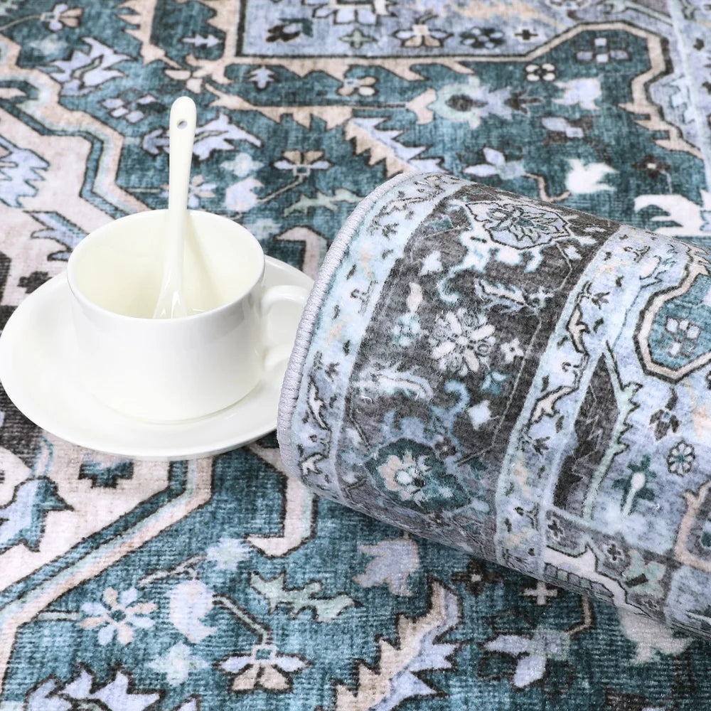 Washable Area Rugs 8x10 Living Room Rug Vintage Medallion  Soft Floor Cover Low Pile Non-Slip