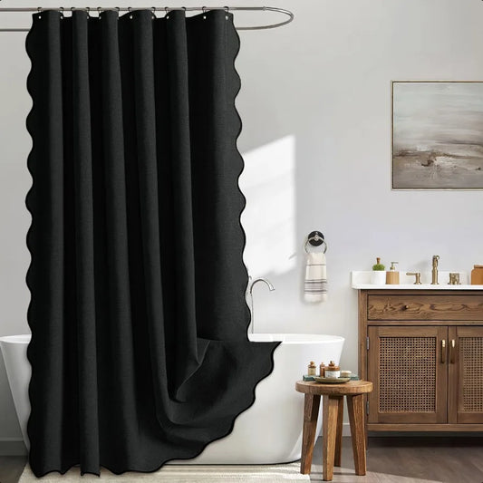 84 Long Scalloped Shower Curtain Linen Textured with 12 Metal Hooks Cute Extra Long Heavy Duty Washable Waterproof Cloth Hallow