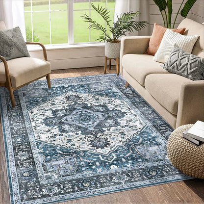 Washable Area Rugs 8x10 Living Room Rug Vintage Medallion  Soft Floor Cover Low Pile Non-Slip