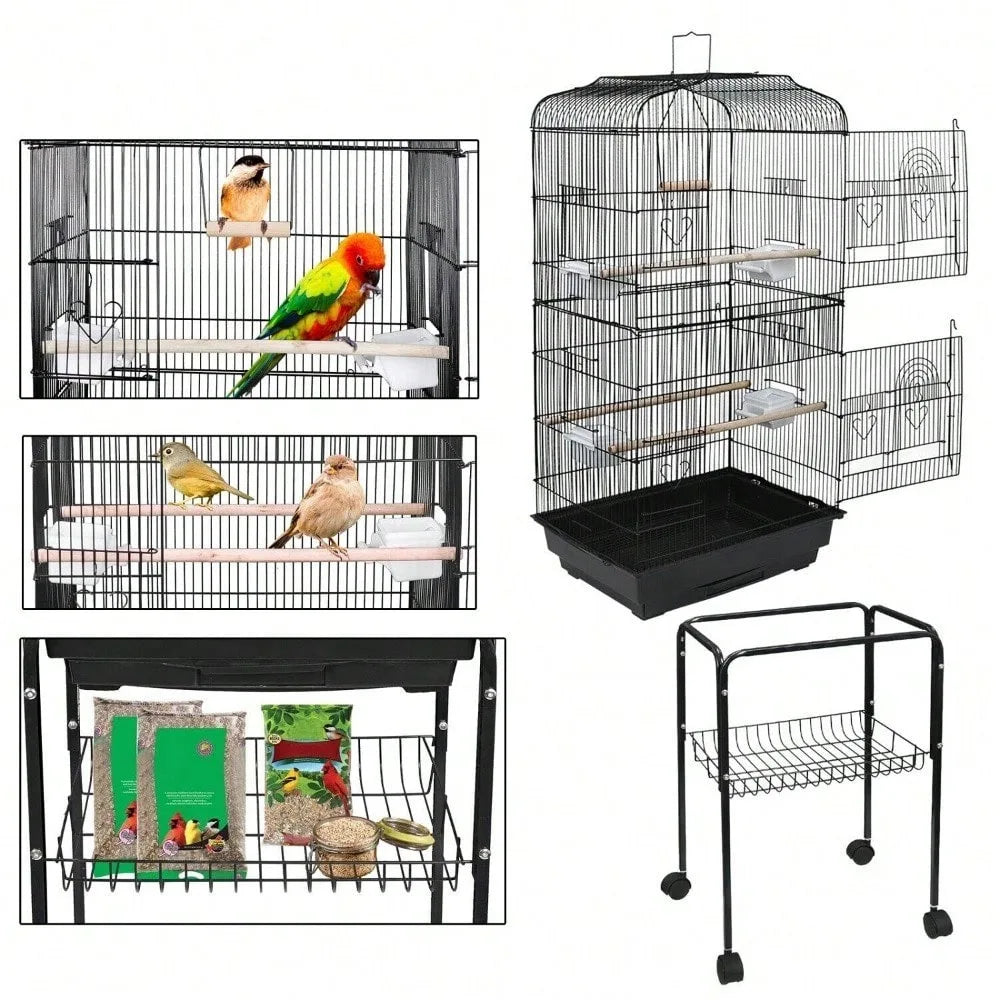 59''H Rolling  Bird Cage Cockatiel Parakeet Finch Canary Home with Stand & Tray