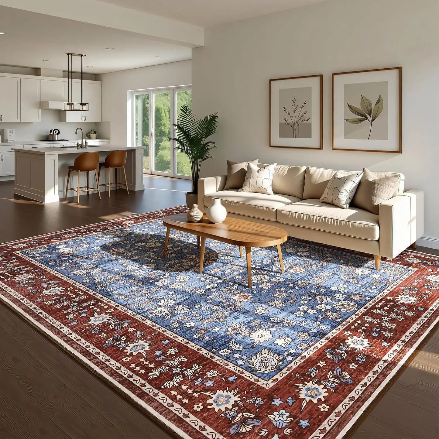 Washable Area Rugs for Living Room Bedroom Vintage Floral Print  Rug Soft Low Pile Non Slip