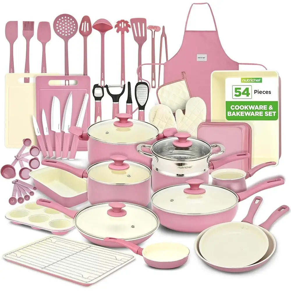 54 Piece Complete Kitchen Cookware Set Non Stick Ceramic Pots Pans Utensils Bakeware Knife Cutting Boards All Cooktops