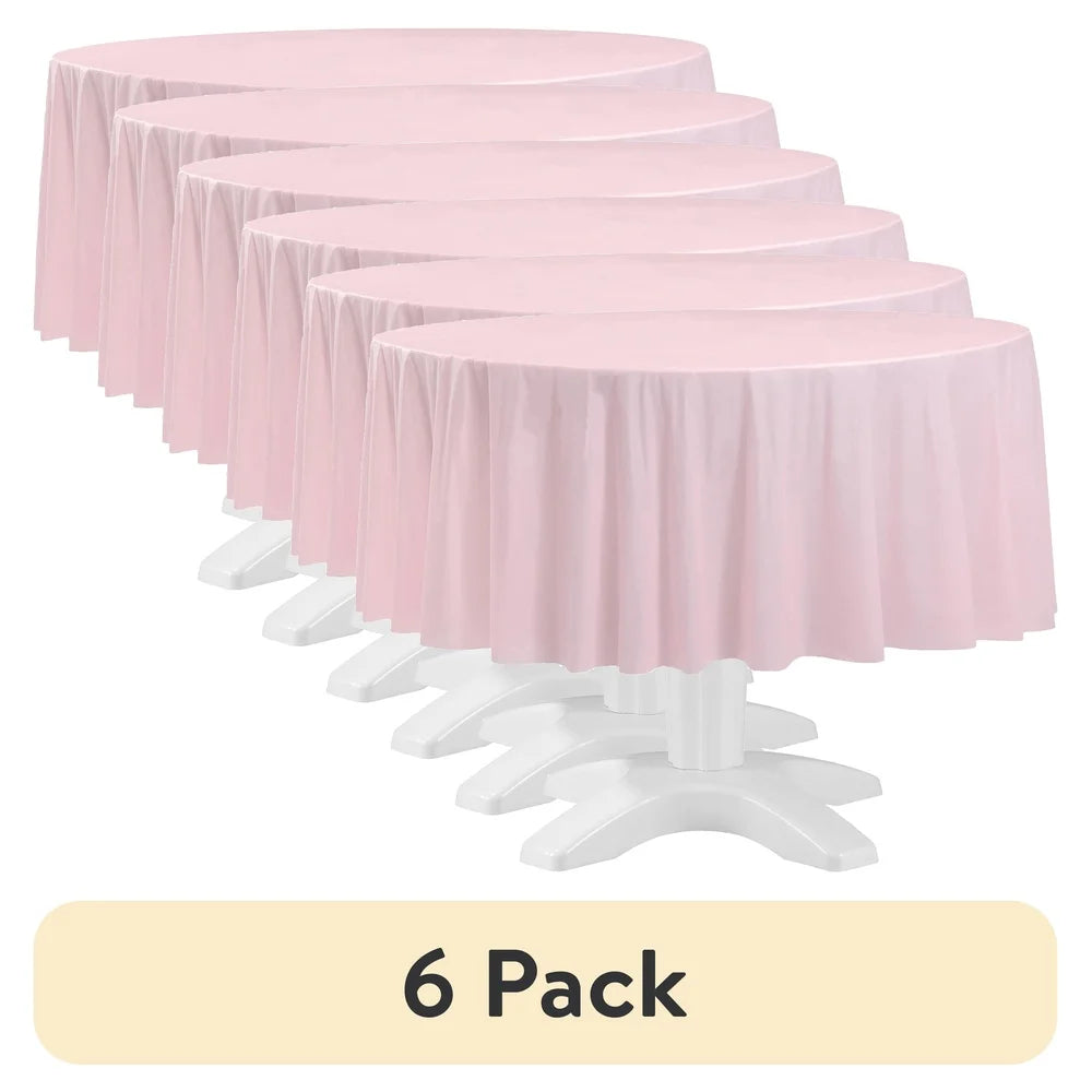 6 Pack 84 Inch Round Light Pink Plastic Table Covers Waterproof Disposable Party Tablecloths Birthday Bridal Shower Events
