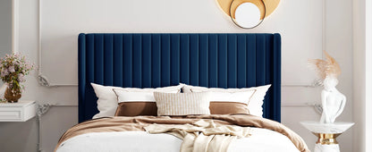 Velvet Upholstered Bed Frame, Vertical Channel Tufted Wingback Headboard, Wooden Slats