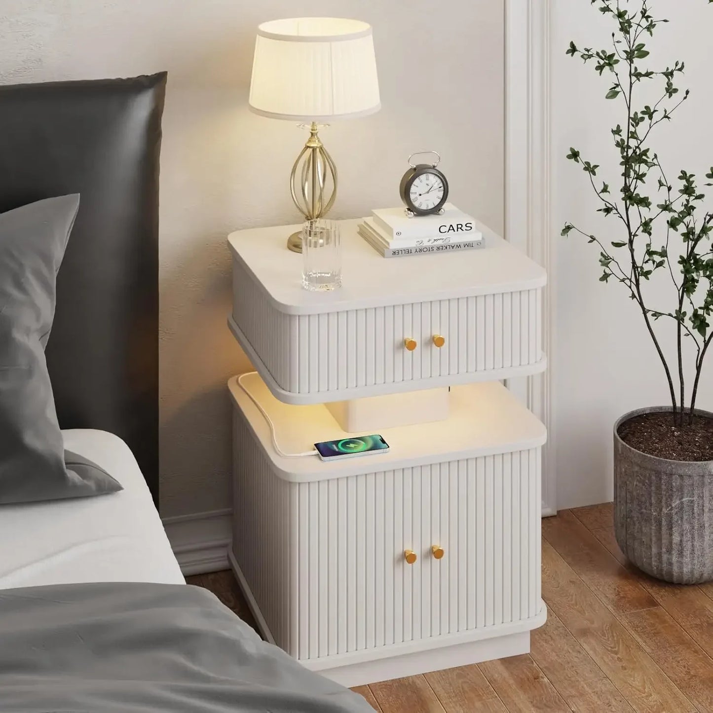 Bedroom LED Nightstand, with Charging Station, 2 Drawer