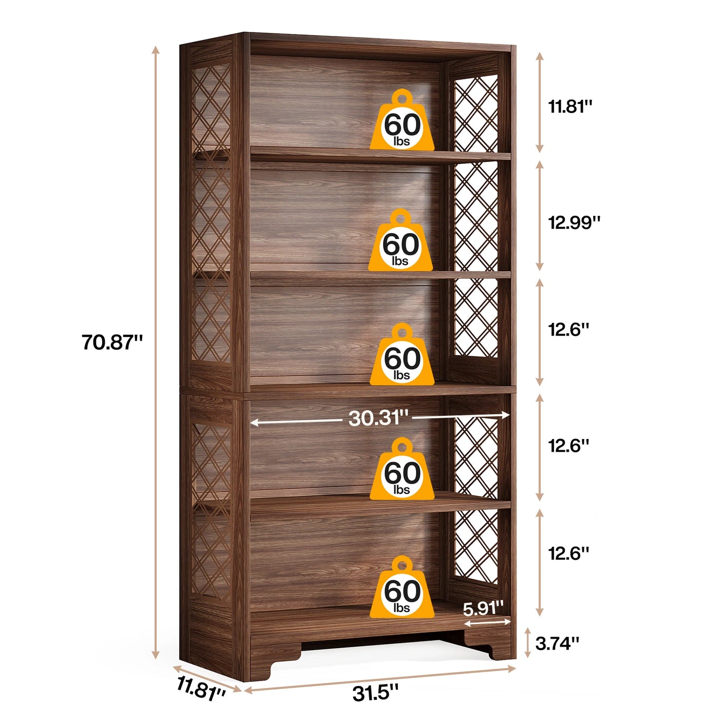 6-Tier Bookcase, 71 Inches Industrial Bookshelves and Bookcases, Floor Standing 5 Shelf Display Storage Shelves