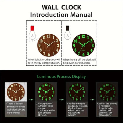 12 Inch Wooden Simple Luminous Wall Clock Silent Non Ticking Analog