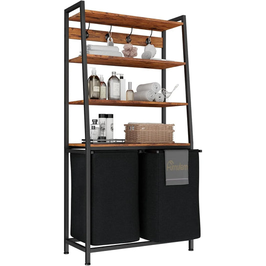 4 Tiers Laundry Hamper with Shelf and Hooks Tall Laundry Basket Sorter with 2 Removable Bags
