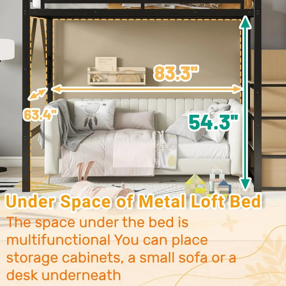 Full Size Loft Bed with Stairs and Storage, Metal Loft Bed Frame with Bedside Shelf and Large Under-Bed Space
