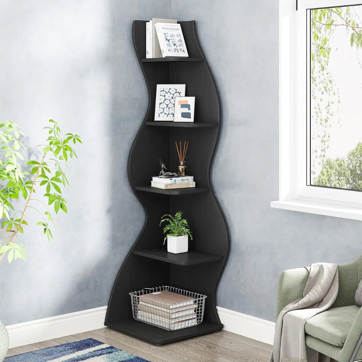 Modern 5-Tier Corner Bookshelf, Stylish Corner Bookcase Storage Rack Plant Stand with Unique Shape for Living Room, Home Office