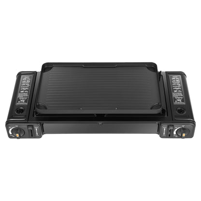 2in1 2-Burner Portable Camping Stove, Butane Camping Stove Kit w/Baking Pan and Carrying Case, Auto Ignition Camping Burner LPG