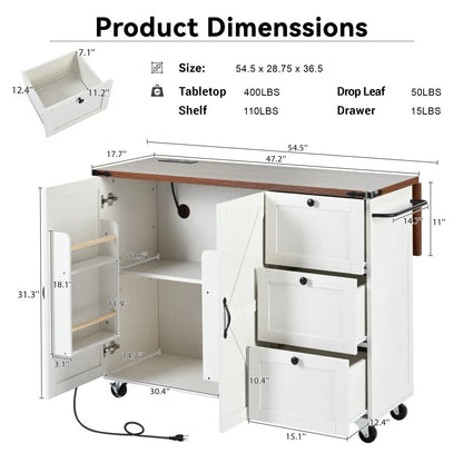 54.5" Farmhouse Kitchen Island with Power Outlet, Kitchen Storage Island  with Internal Storage Rack, Drop Leaf, Spice Rack