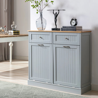 Double Tilt Out Trash Cabinet 20 Gallon, Freestanding Wooden Kitchen Trash Recycling Cabinet with Drawer & Removable Cutting Boa