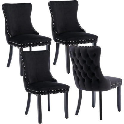 Velvet Upholstered Dining Chairs Set of 4 Wingback Kitchen Room Black Accent Chairs 4PC Solid Wood Leg