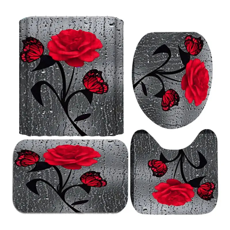 4pcs Set Doormat Shower Curtain with Non-Slip Rugs Toilet Seat Cover Bath Carpet Durable Waterproof