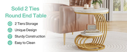 Gold Round End Table: 2 Tiers Faux Marble Side Table with Storage Shelf, Modern White Gold Bedside Nightstand