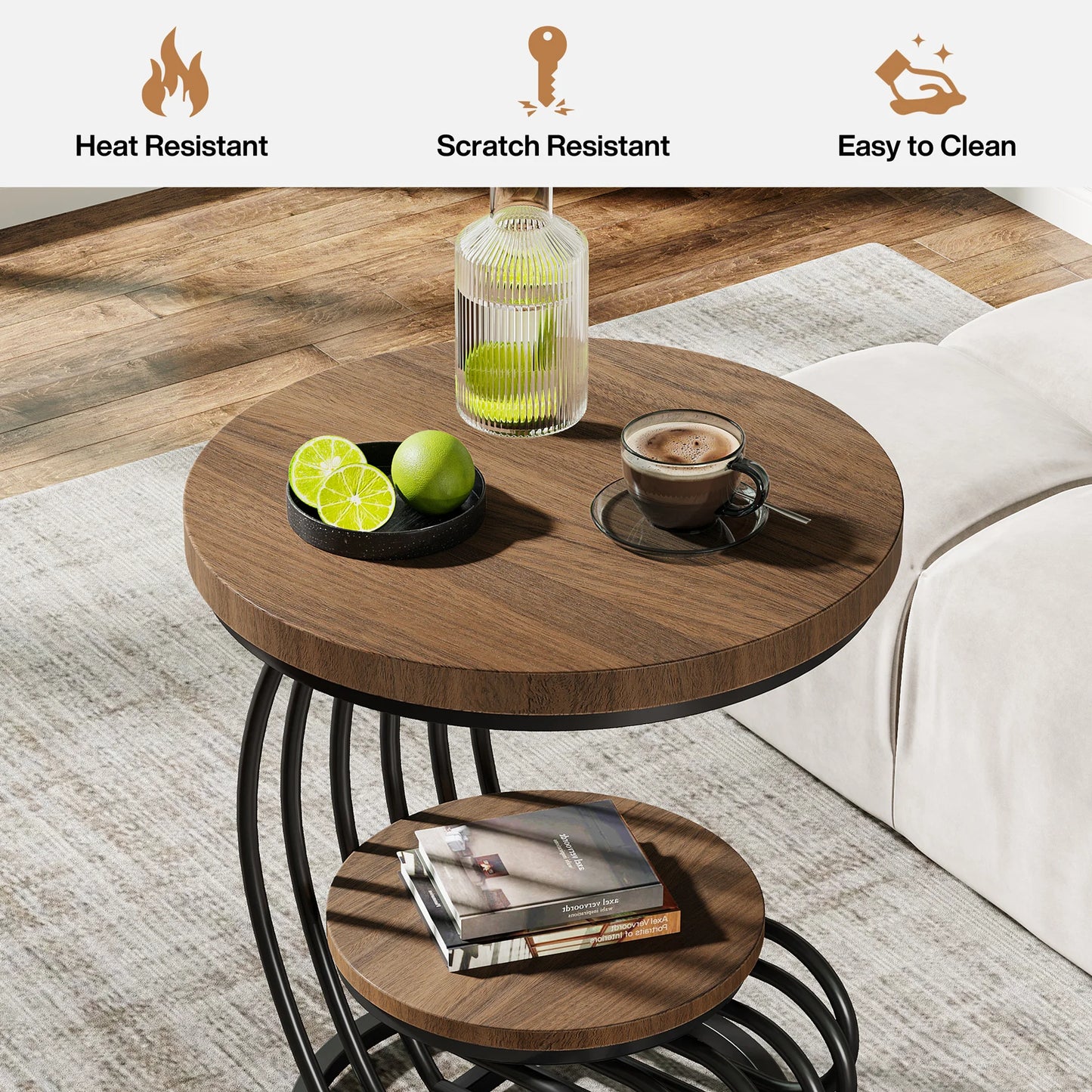 Gold Round End Table: 2 Tiers Faux Marble Side Table with Storage Shelf, Modern White Gold Bedside Nightstand