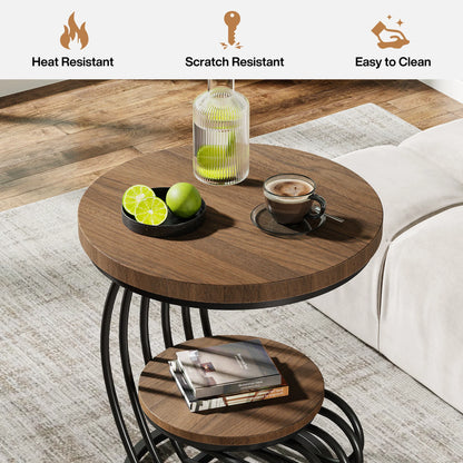 Gold Round End Table: 2 Tiers Faux Marble Side Table with Storage Shelf, Modern White Gold Bedside Nightstand