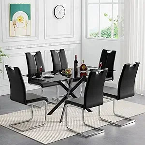 Glass Dining Table Set for 4, 5-Piece Modern Kitchen Table Set with 4 High-Back PU Leather Upholstered Chair for Kitchen Dining