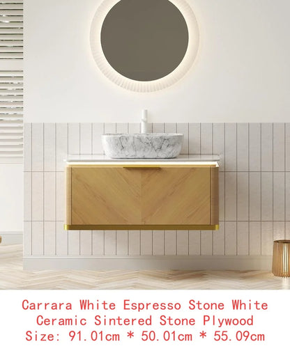 60" Bathroom Vanity with Sinks, Floating Plywood Storage Cabinet, 2 Drawers with Sensor Light, 2 Ceramic Vessel Basins