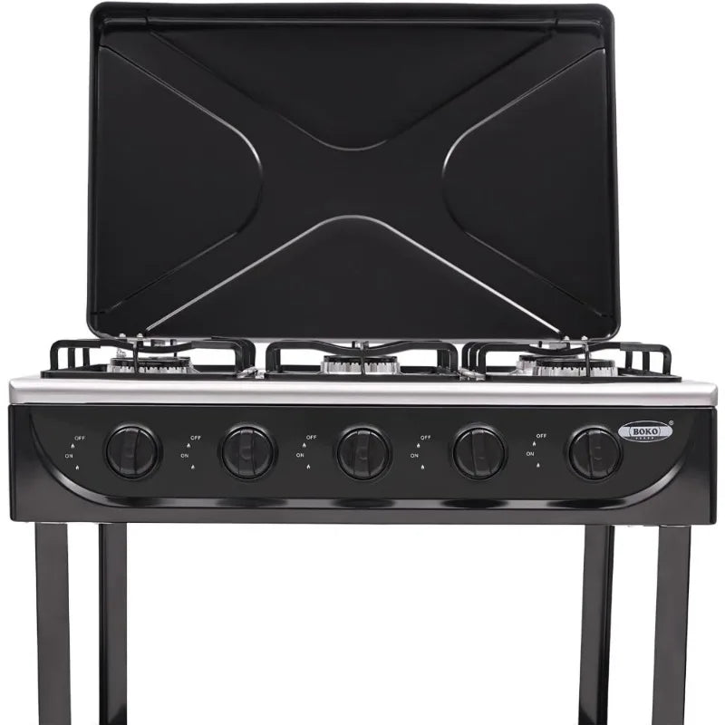 Natural Gas Stove Outdoor 5-Burner Stove Portable, with 2 Placement Boards and Windshield for Outdoor Camping RV Travel