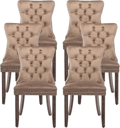 Leather Dining Chairs Set of 6, Upholstered Dining Room Chair with Nail head Trim and Solid Wood Legs, Luxury Wingback