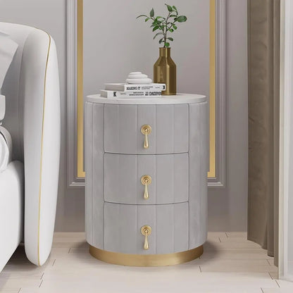 White Velvet Nightstand with Storage, Round Bedside Table with 3 Drawers, Stone Top Night Table for Bedroom