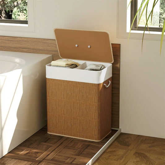 Bamboo Laundry Hamper Foldable Laundry Basket with Lid Removable and Machine Washable Liner for Efficient Laundry